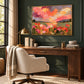 Sunset Petalfield artwork displayed above a wooden desk against green paneling.