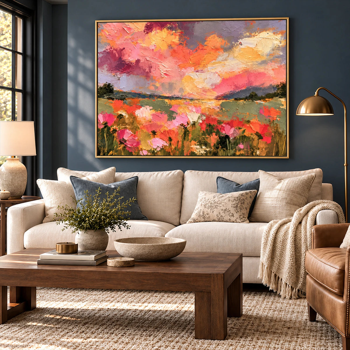 Sunset Petalfield artwork displayed above a cream sofa.