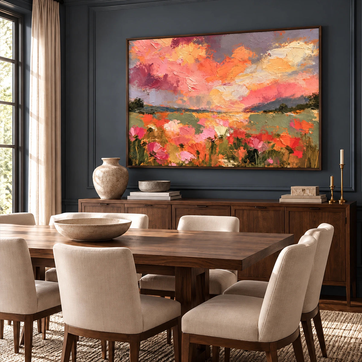 Sunset Petalfield artwork displayed above a wooden dining table.