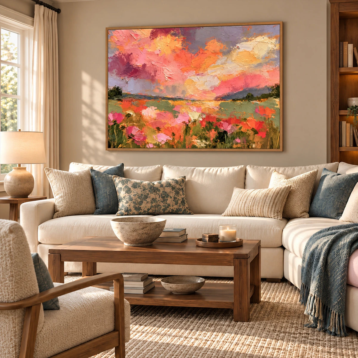 Sunset Petalfield artwork displayed above a cream sectional and wooden coffee table.