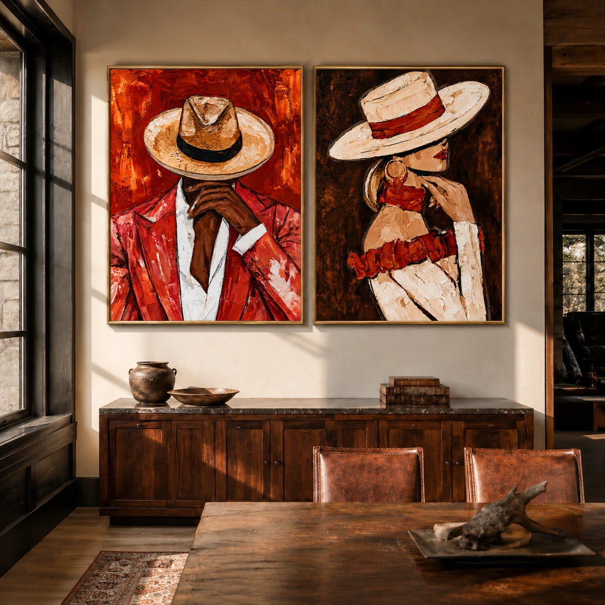 Scarlet Partnership two-panel artwork set displayed above a wooden sideboard beside a dining table.