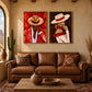 Scarlet Partnership two-panel artwork set displayed above a brown leather sofa.