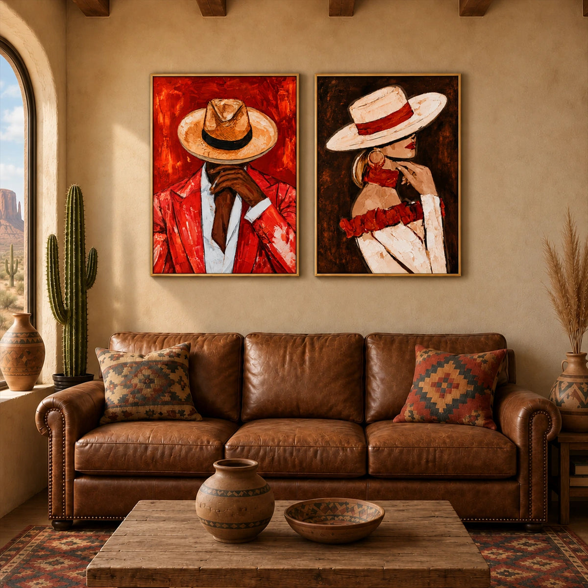 Scarlet Partnership two-panel artwork set displayed above a brown leather sofa.
