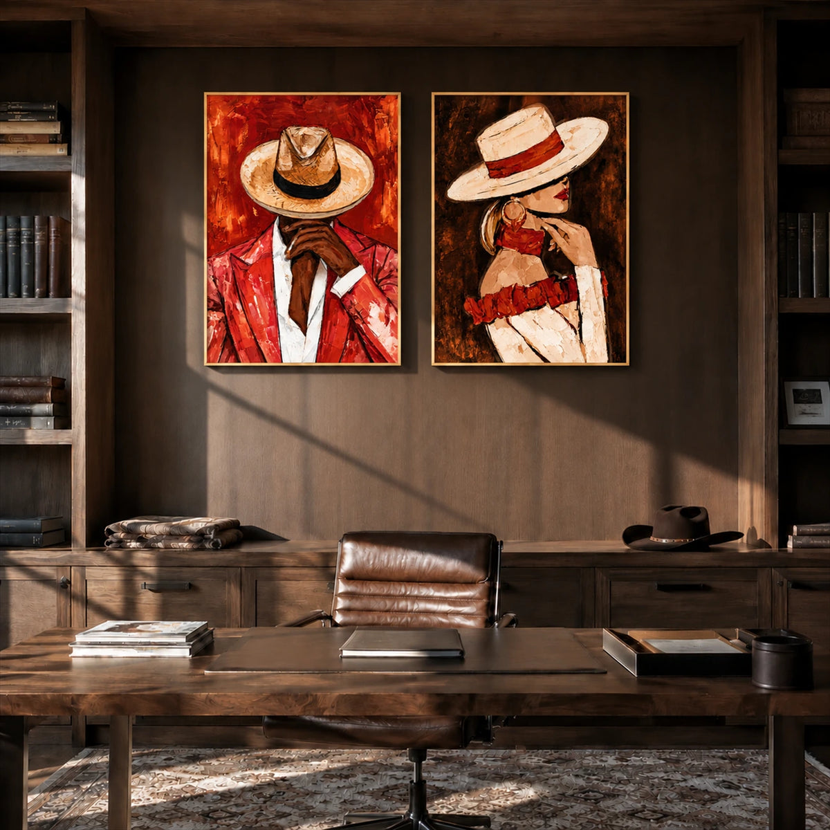 Scarlet Partnership two-panel artwork set displayed above a desk and leather office chair.