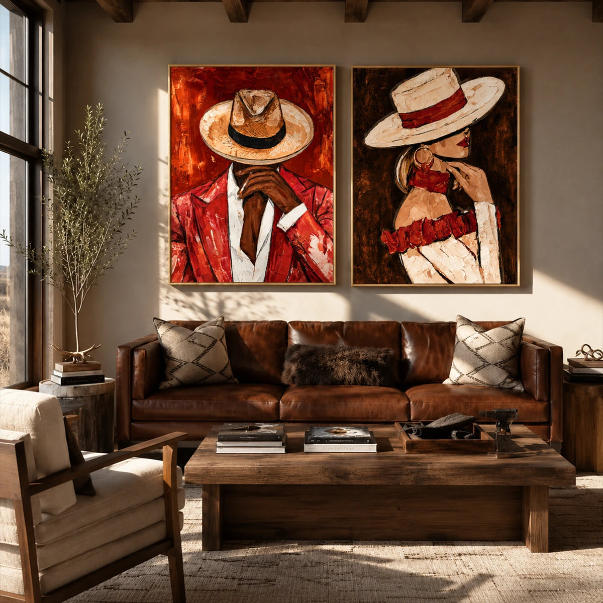 Scarlet Partnership two-panel artwork set displayed above a brown sofa and wooden coffee table.