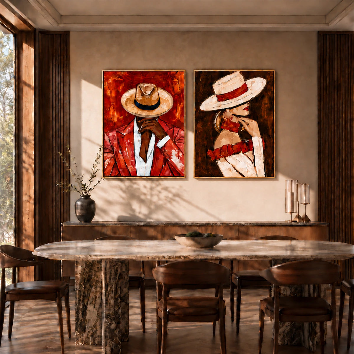 Scarlet Partnership two-panel artwork set displayed above a dining table beneath warm sunlight.