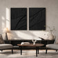 Noir Continuum two-panel artwork set displayed above a dark console behind lounge seating.