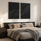 Noir Continuum two-panel artwork set displayed above a bed with neutral linen.