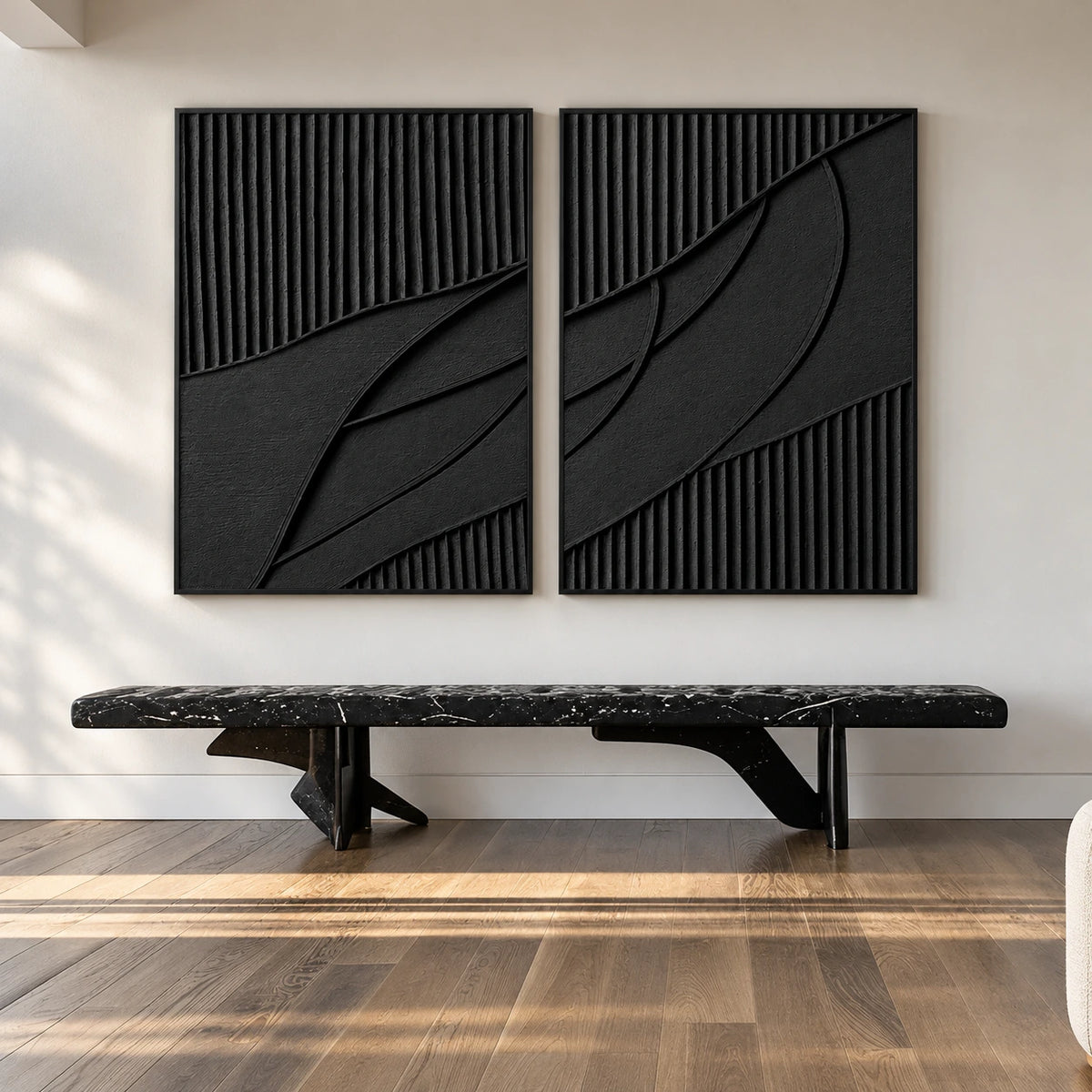 Noir Continuum two-panel artwork set displayed above a narrow black console.