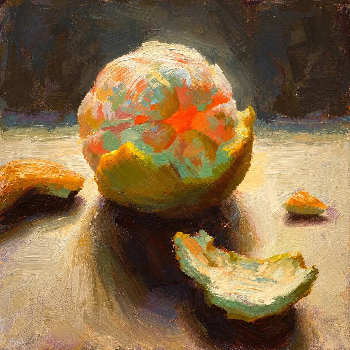 Citrus Peel full artwork. A partly peeled citrus fruit rests among curled pieces of rind on a sunlit tabletop.