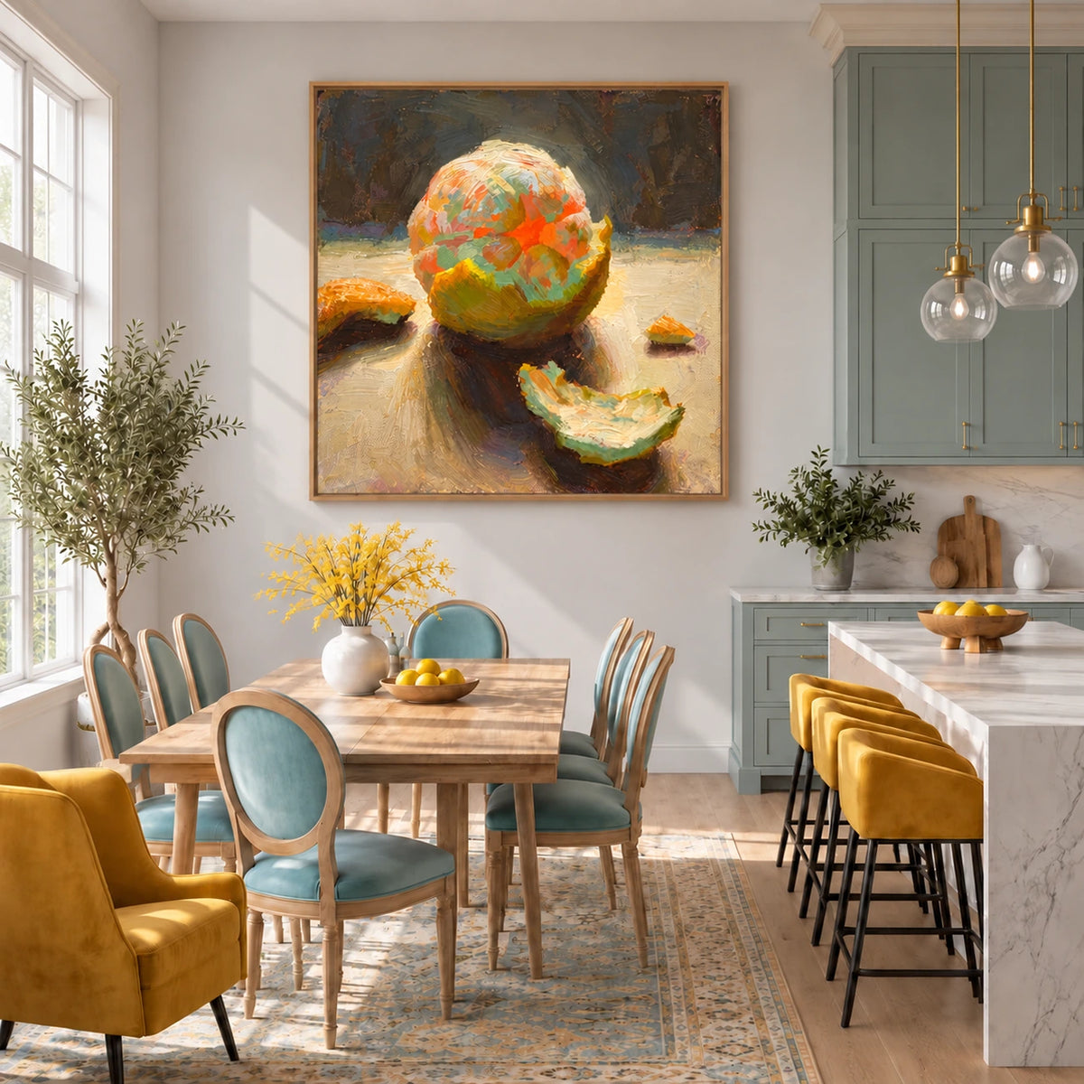 Citrus Peel artwork displayed above a wooden dining table in a bright kitchen.