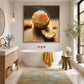 Citrus Peel artwork displayed above a freestanding bathtub in a light bathroom.