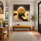 Citrus Peel artwork displayed above a mustard bench in an airy entryway.