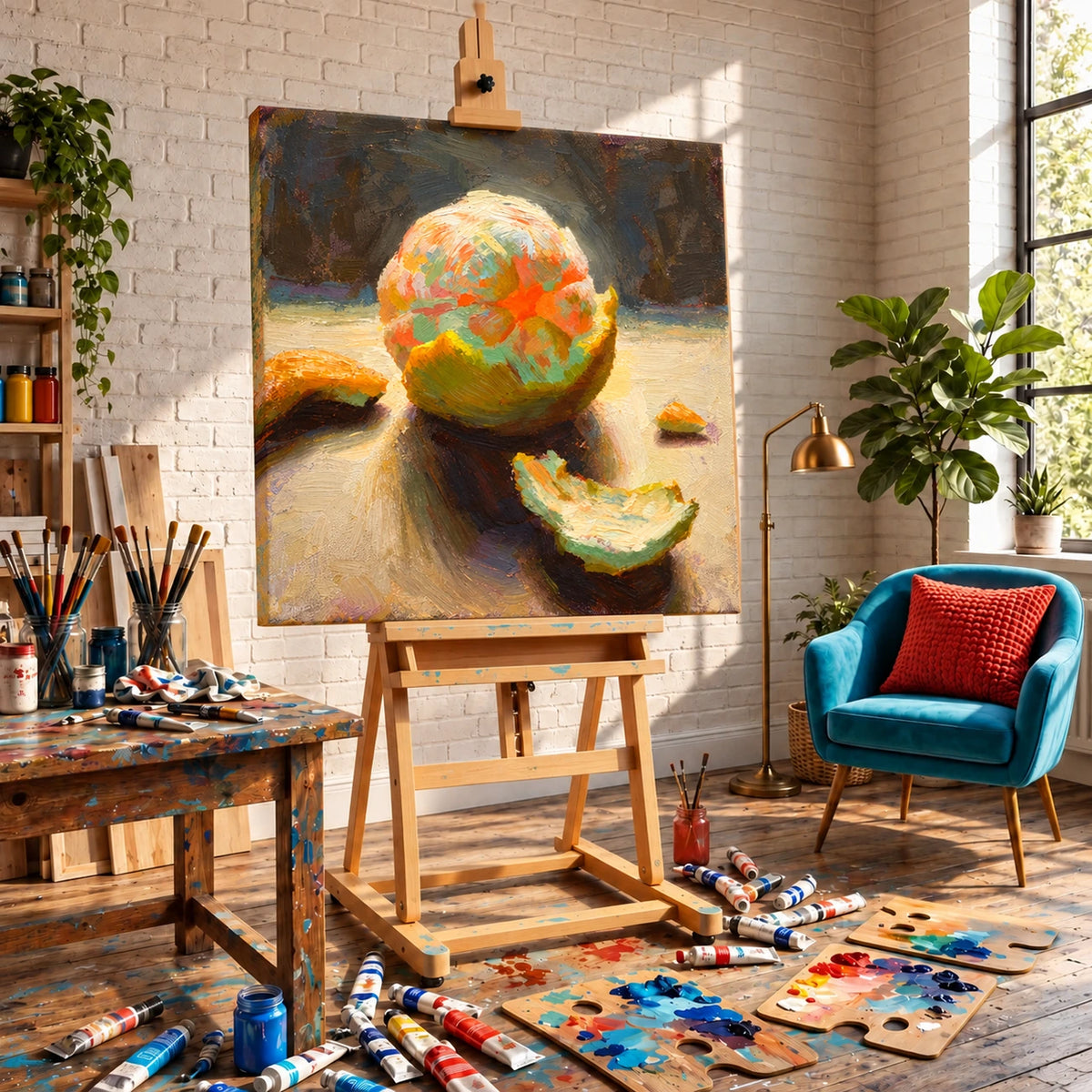 Citrus Peel artwork displayed on an easel in a sunlit artist studio.