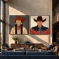 Frontier Duet two-panel artwork set displayed above a long wooden console behind a blue sofa.