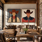 Frontier Duet two-panel artwork set displayed above a brown leather sofa.