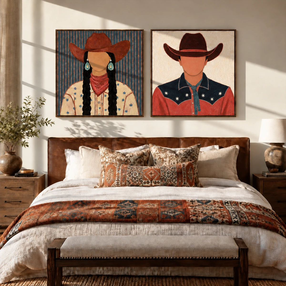 Frontier Duet two-panel artwork set displayed above a bed with patterned cushions.