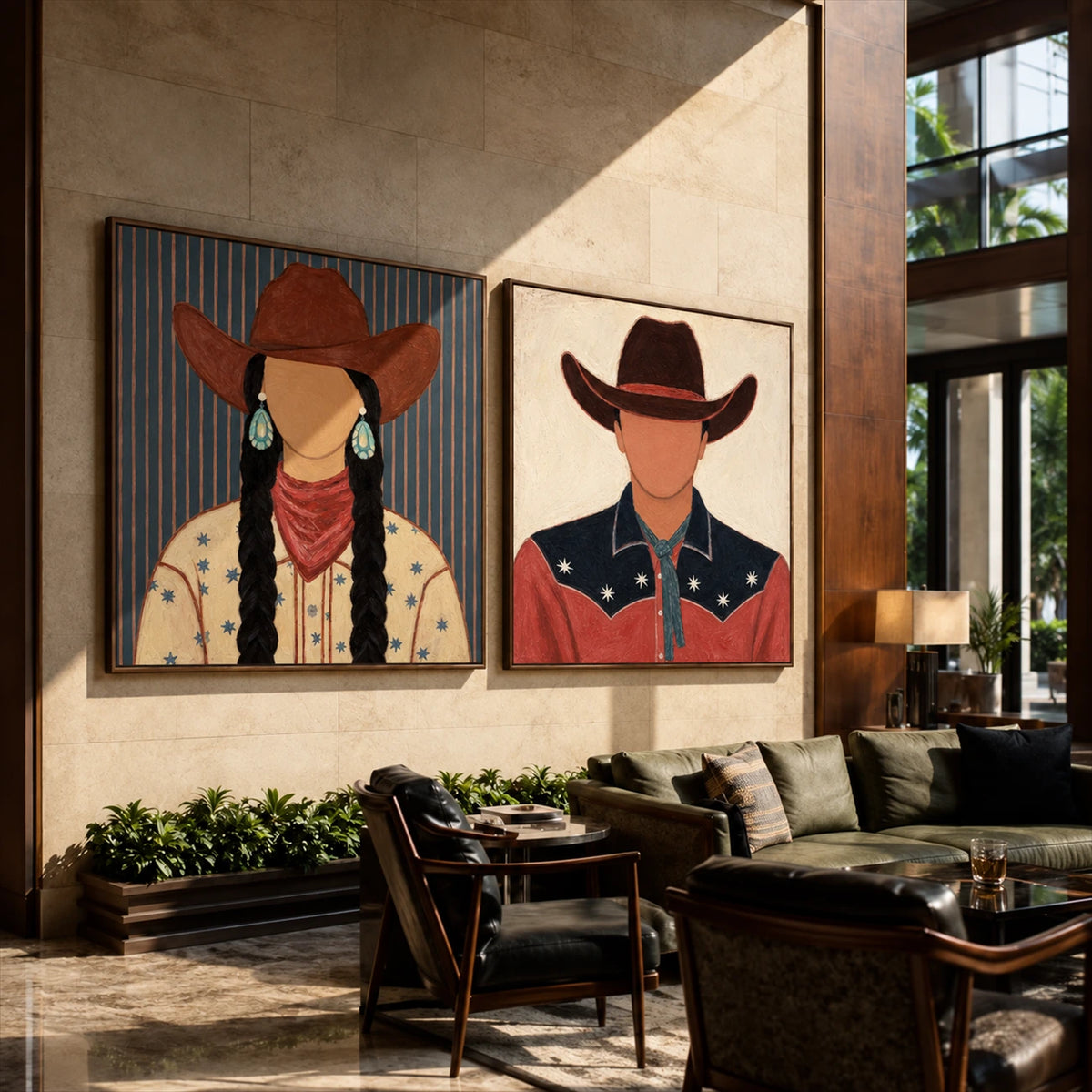 Frontier Duet two-panel artwork set displayed above a leather sofa beside tall windows.