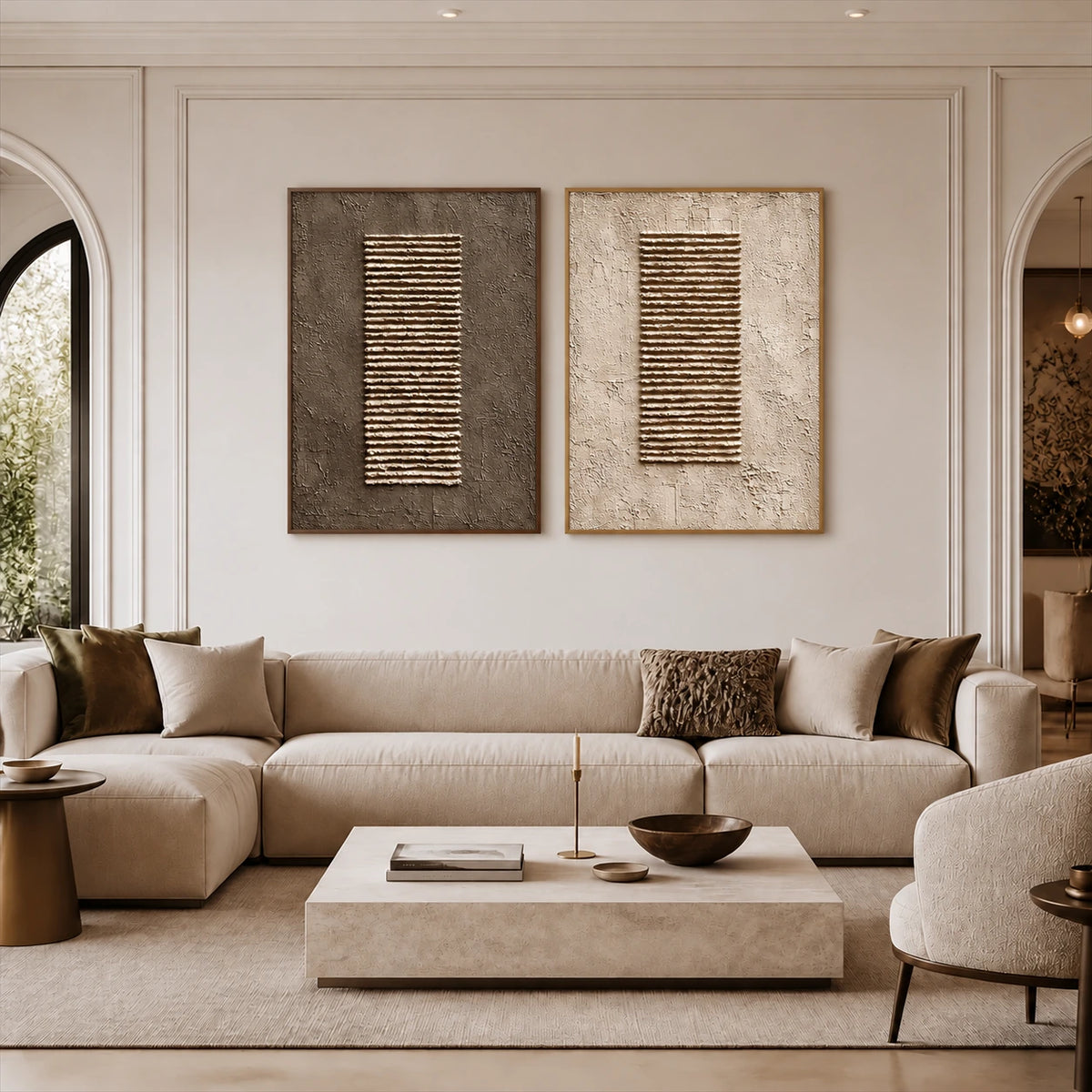 Earthen Cadence two-panel artwork set displayed above a neutral sectional sofa.