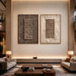 Earthen Cadence two-panel artwork set displayed above a console in a warmly lit lounge.