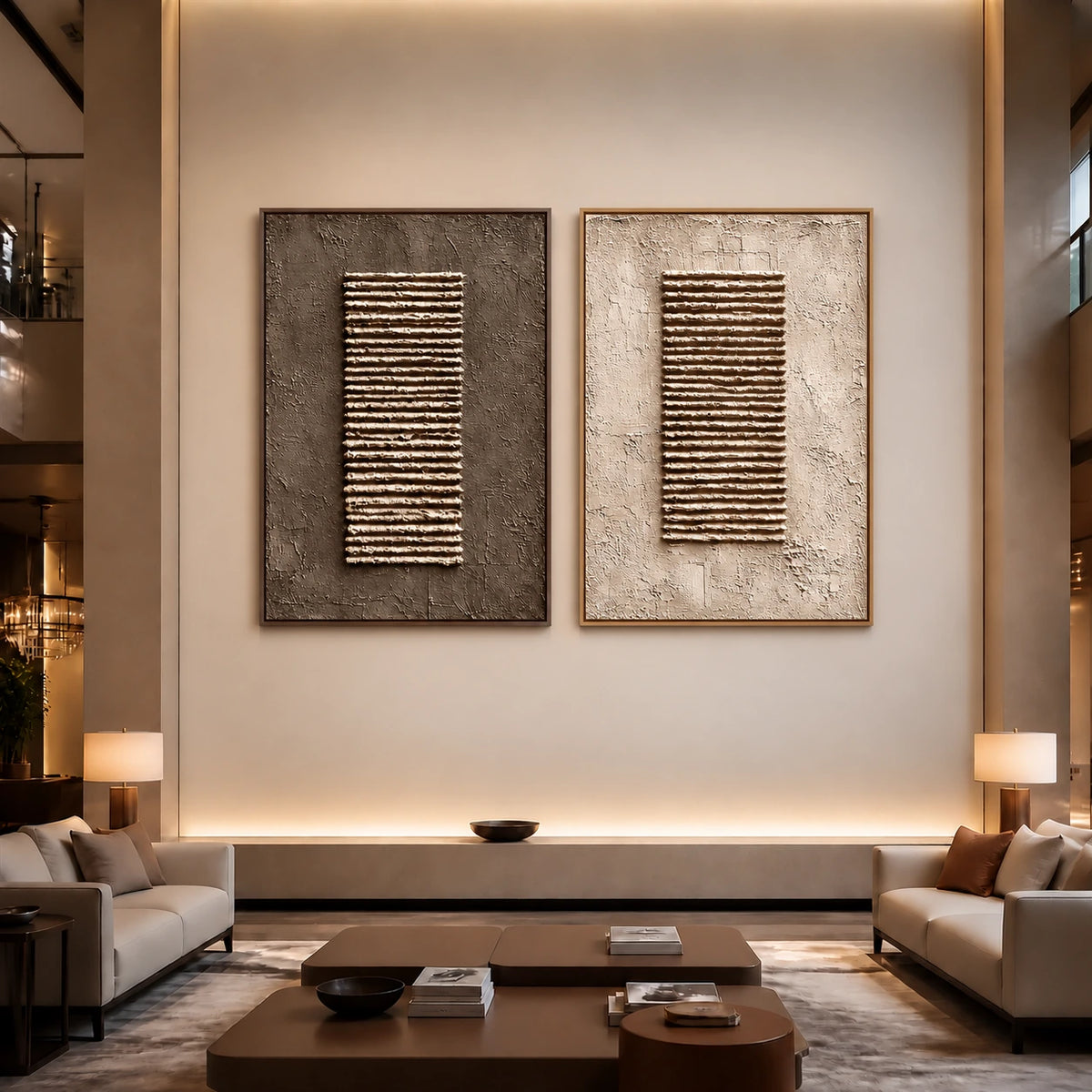 Earthen Cadence two-panel artwork set displayed above a console in a warmly lit lounge.