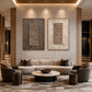 Earthen Cadence two-panel artwork set displayed above a curved sofa and round coffee table.