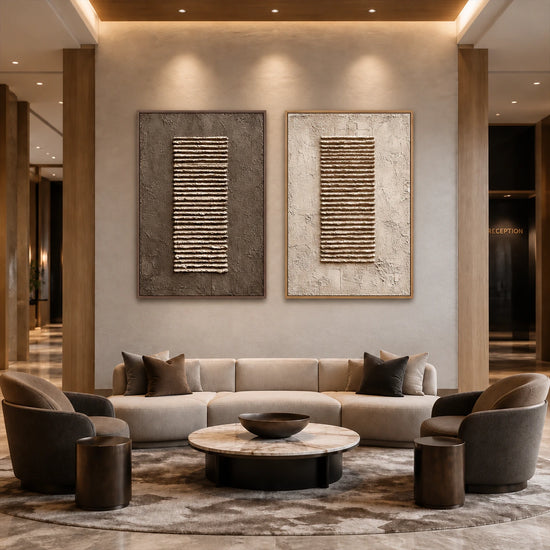Earthen Cadence two-panel artwork set displayed above a curved sofa and round coffee table.