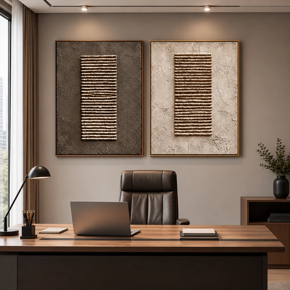 Earthen Cadence two-panel artwork set displayed above a wooden office desk.