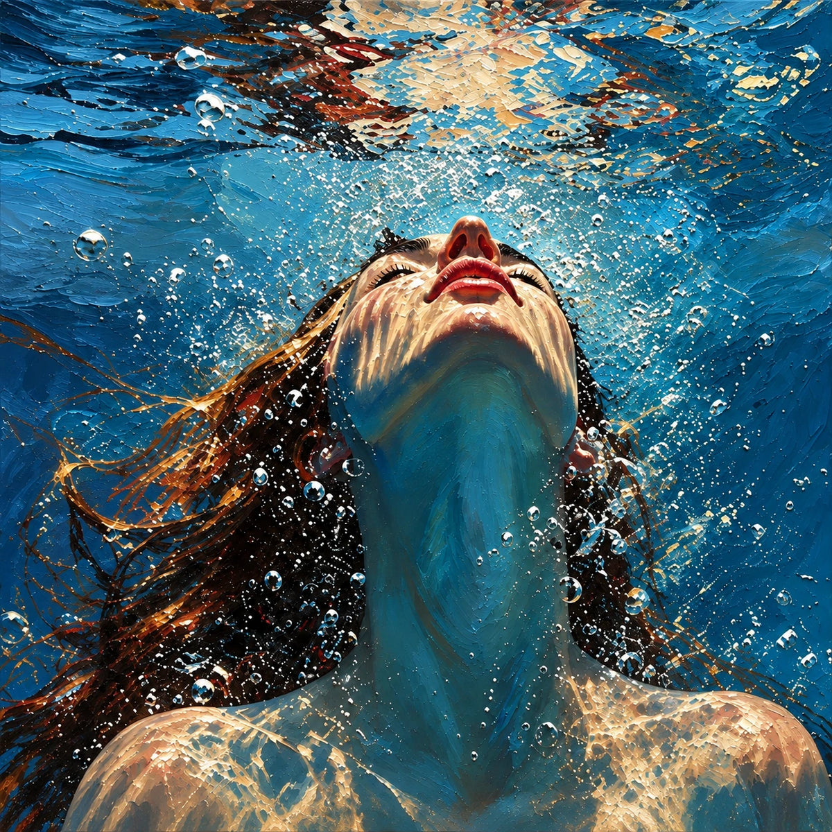 Submerged Radiance full artwork. A woman tilts her face toward shimmering light beneath blue water, surrounded by bubbles and golden reflections.