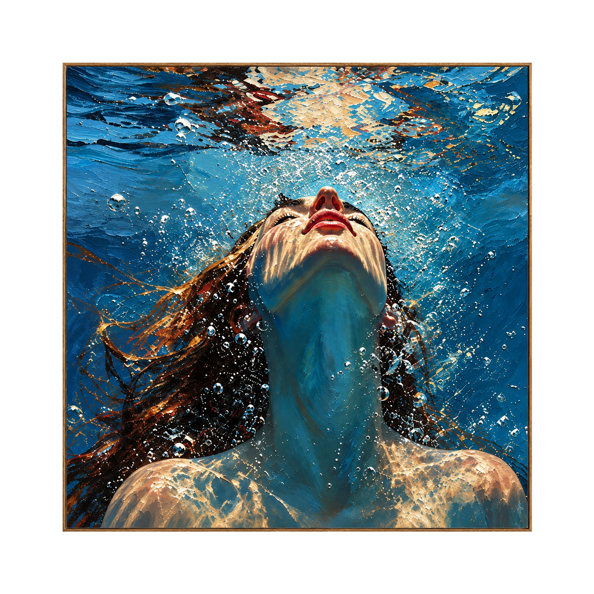 Submerged Radiance artwork in a natural wood frame on a transparent background.