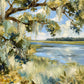 Marshside Oak full artwork. Sunlit oak branches frame a quiet marsh, with pale grasses and blue water stretching toward a distant tree line.