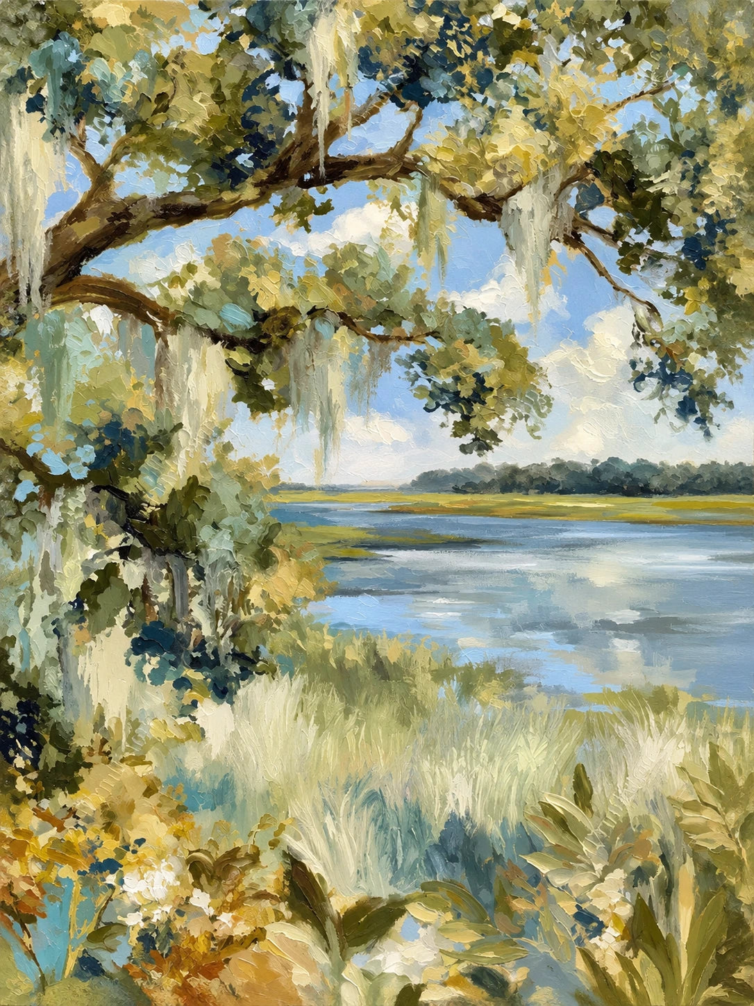 Marshside Oak full artwork. Sunlit oak branches frame a quiet marsh, with pale grasses and blue water stretching toward a distant tree line.
