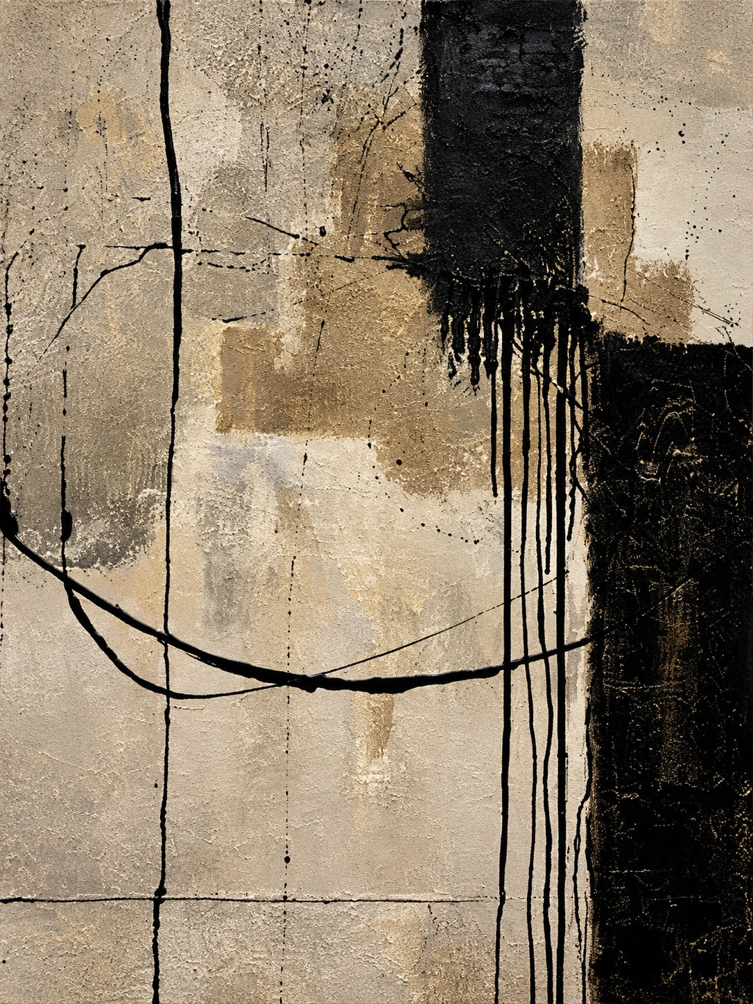 Noir Crosscurrent full artwork. Black blocks, fine curved lines, and trailing marks cross a weathered ivory and taupe ground.