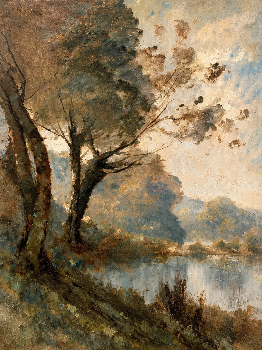 Stillwater Boughs full artwork. A softly lit tree leans beside still water, its warm foliage blending into a hazy sky and distant wooded shore.