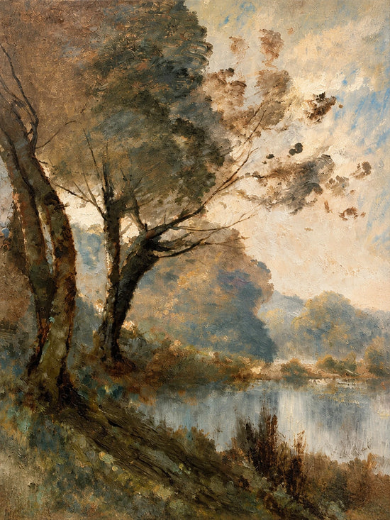 Stillwater Boughs full artwork. A softly lit tree leans beside still water, its warm foliage blending into a hazy sky and distant wooded shore.