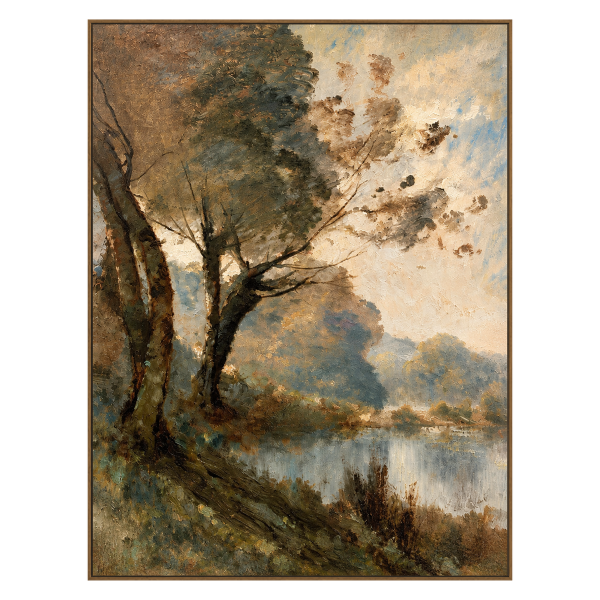 Stillwater Boughs artwork in a natural wood frame on a transparent background.