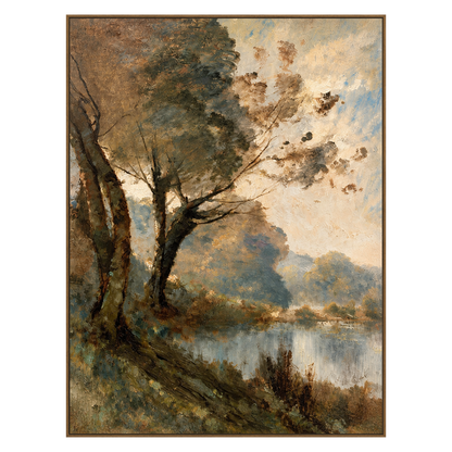 Stillwater Boughs artwork in a natural wood frame on a transparent background.