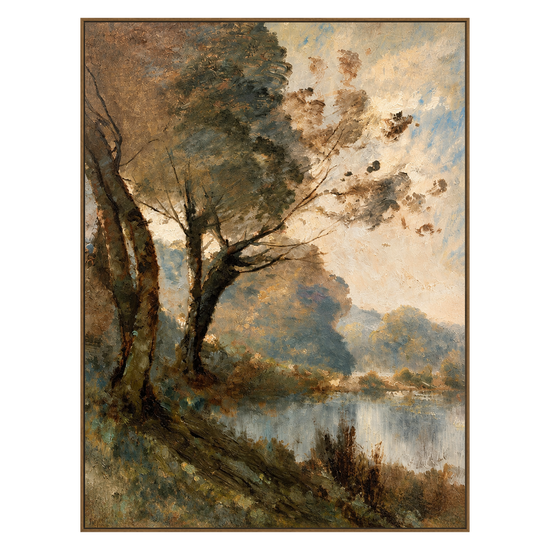 Stillwater Boughs artwork in a natural wood frame on a transparent background.