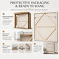 Stillwater Boughs Wall Art — Canvoil packaging and hanging guide for framed artwork, showing a carton, foam corner protectors and back hardware