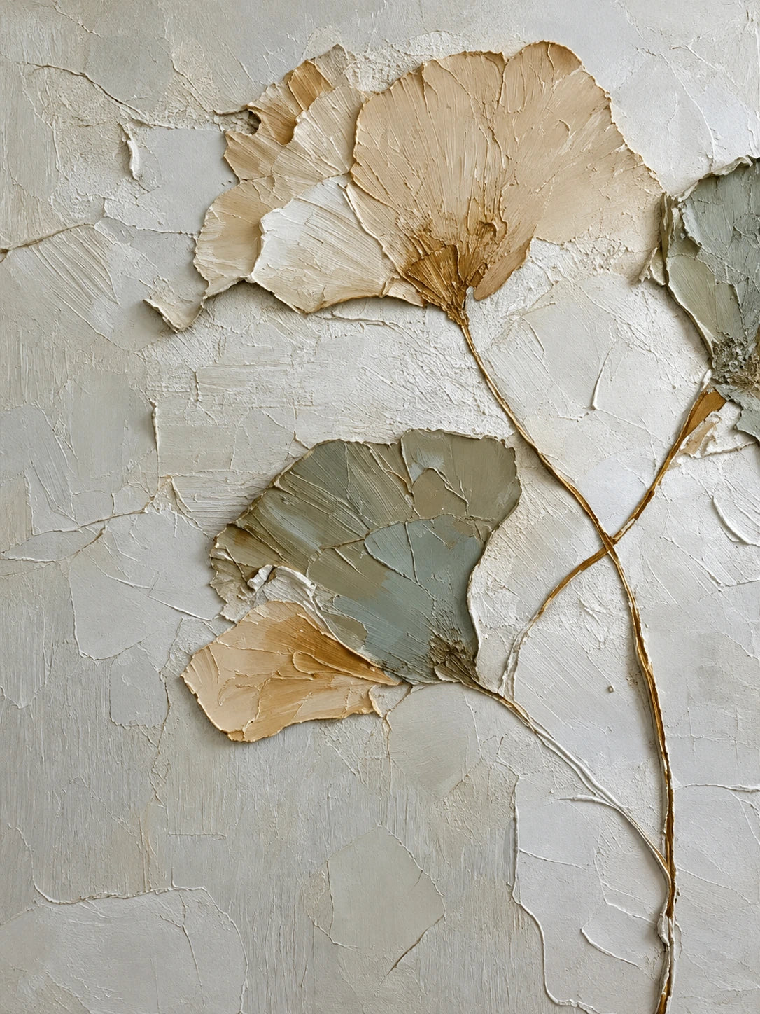 Ginkgo Whispers full artwork. Fan-shaped ginkgo leaves in ivory and muted gray rise on delicate stems against a textured pale ground.