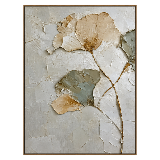 Ginkgo Whispers artwork in a natural wood frame on a transparent background.