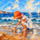 Scarlet Sunhat full artwork. A child in a bright red sunhat reaches into shallow surf, with sailboats and a sunlit blue sea beyond.