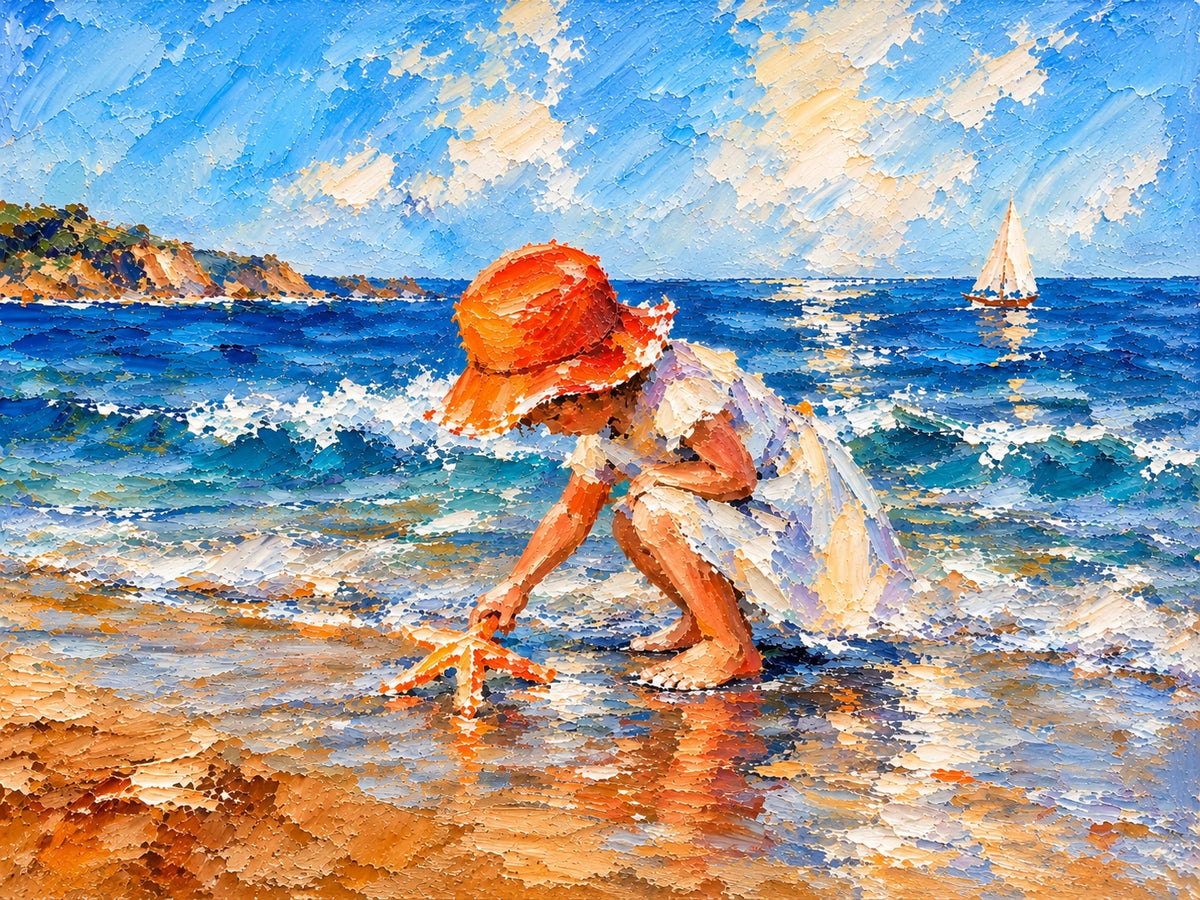 Scarlet Sunhat full artwork. A child in a bright red sunhat reaches into shallow surf, with sailboats and a sunlit blue sea beyond.