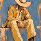 Ochre Respite full artwork. A seated cowboy in an ochre suit rests beneath a broad cream hat, set against a weathered blue background.