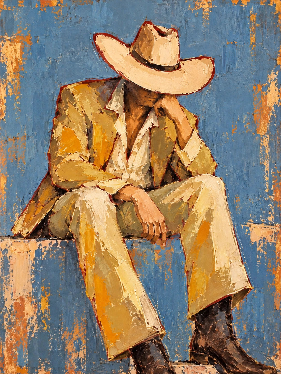 Ochre Respite full artwork. A seated cowboy in an ochre suit rests beneath a broad cream hat, set against a weathered blue background.