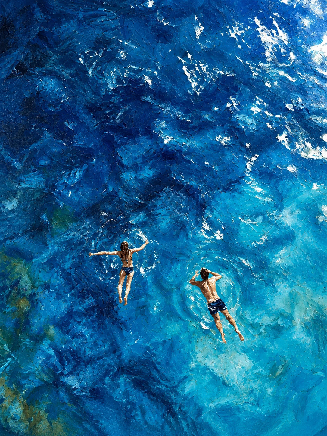 Bluewater Companions full artwork. Two swimmers float in luminous blue water, surrounded by rippling highlights and deep cobalt currents.