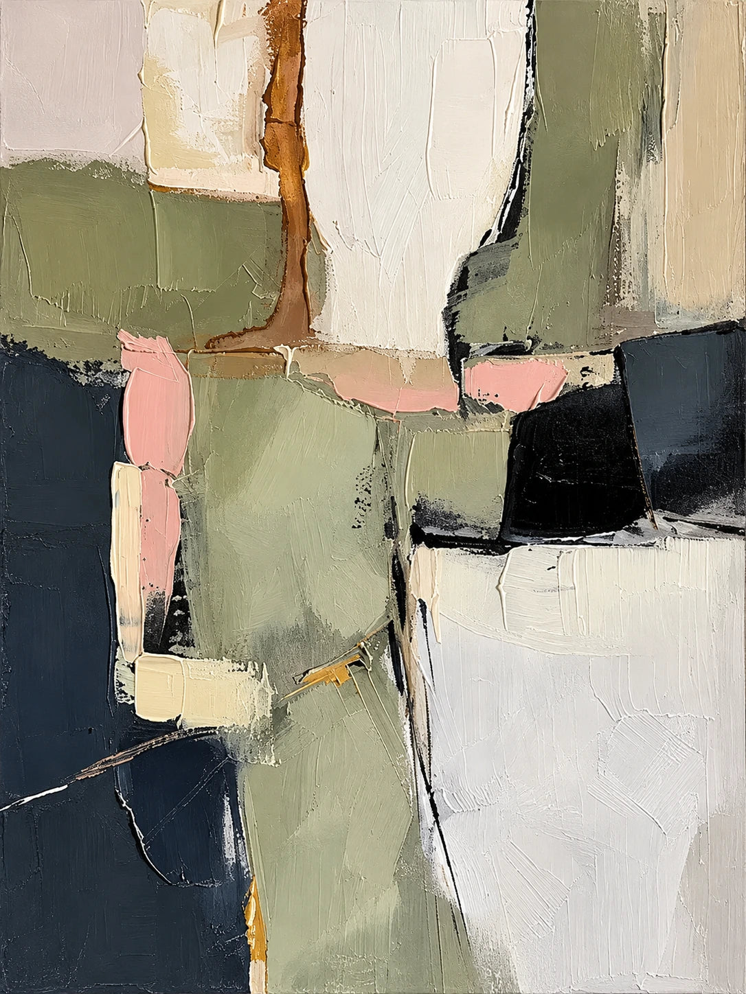 Sage Intervals full artwork. Sage, cream, blush, and deep charcoal shapes overlap in an abstract arrangement of rough edges and quiet color.