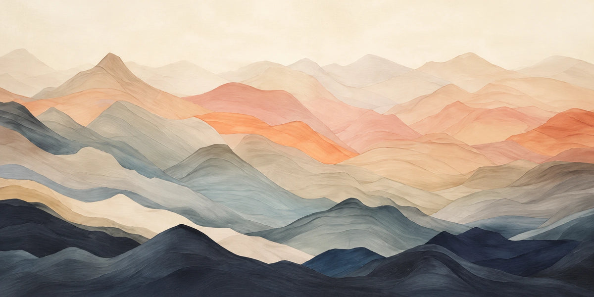 Dawn Ridgelines full artwork. Layered mountain silhouettes shift from deep blue foreground ridges to peach and ivory peaks in the distance.