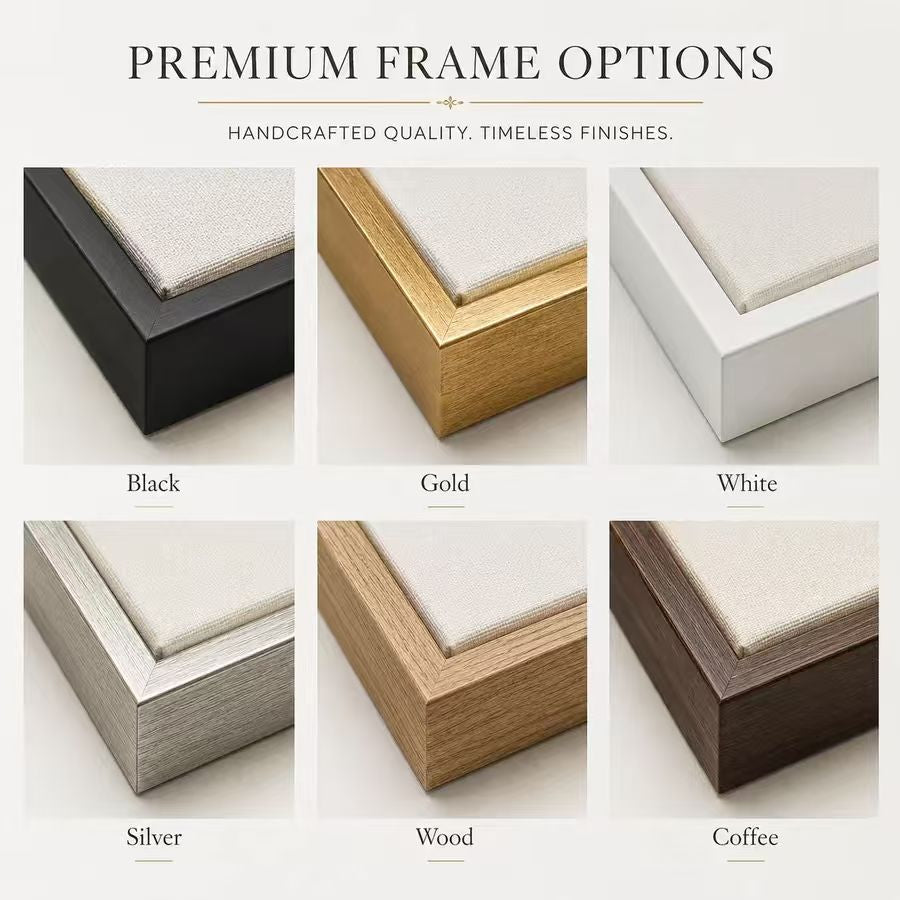 Stonefold Currents Wall Art — Canvoil frame finish guide showing black, gold, white, silver and two wood-tone examples
