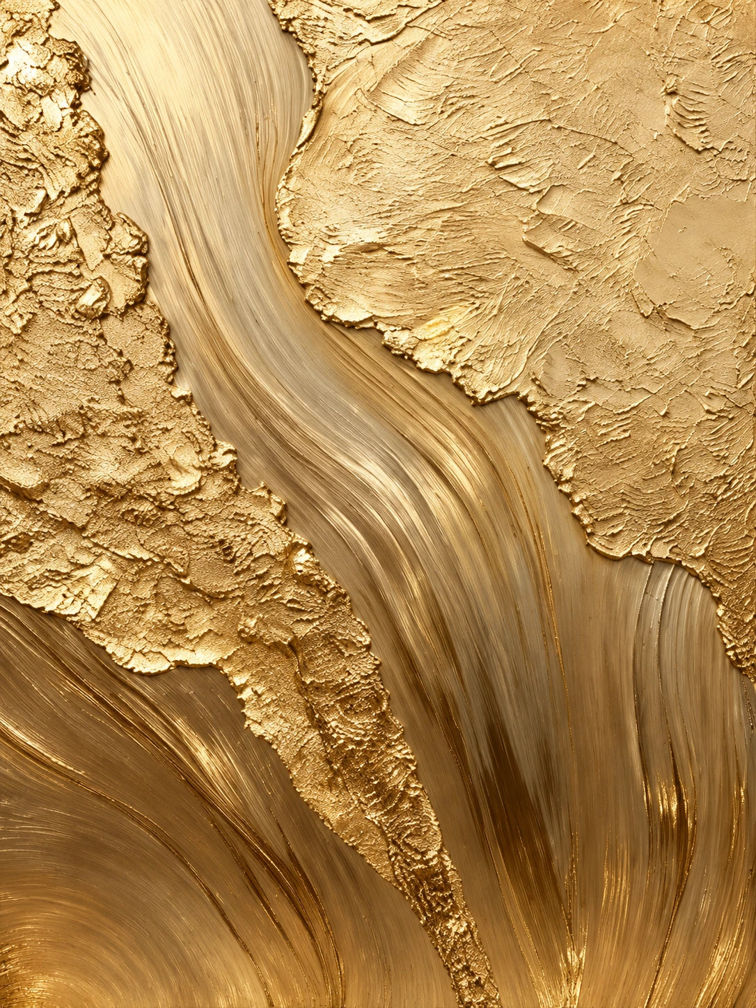 Gilded Flow full artwork. Golden ribbons sweep between heavily textured ridges, bringing flowing movement to a warm metallic palette.